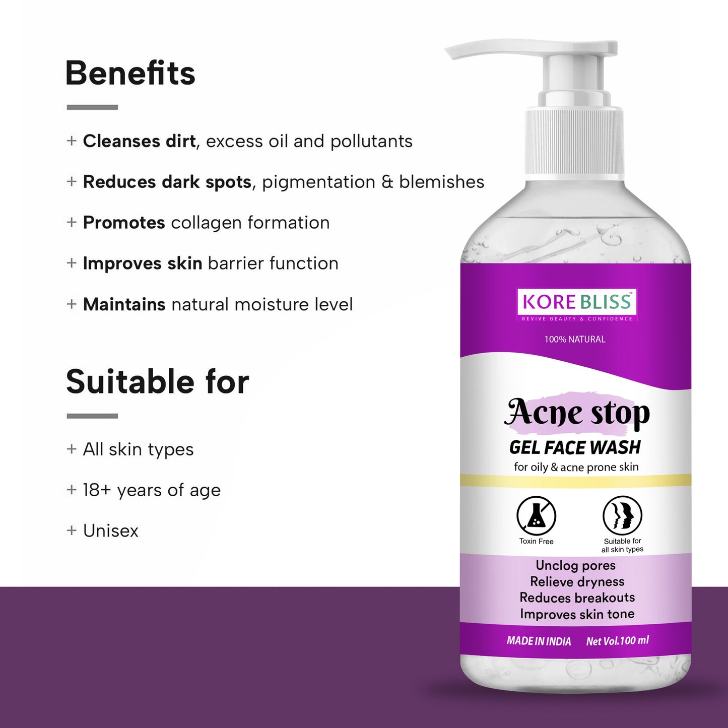Kore Bliss Acne Stop Gel Face Wash - 100ml
