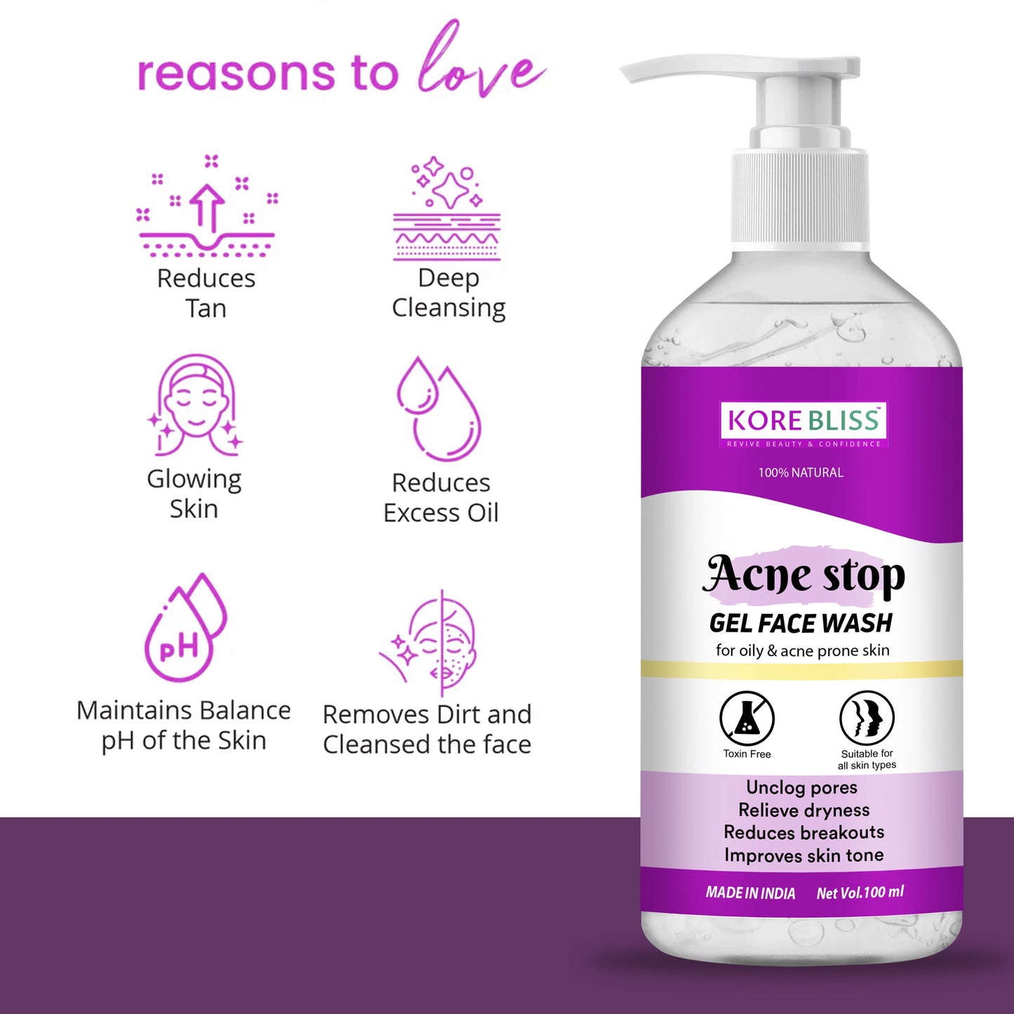 Kore Bliss Acne Stop Gel Face Wash - 100ml