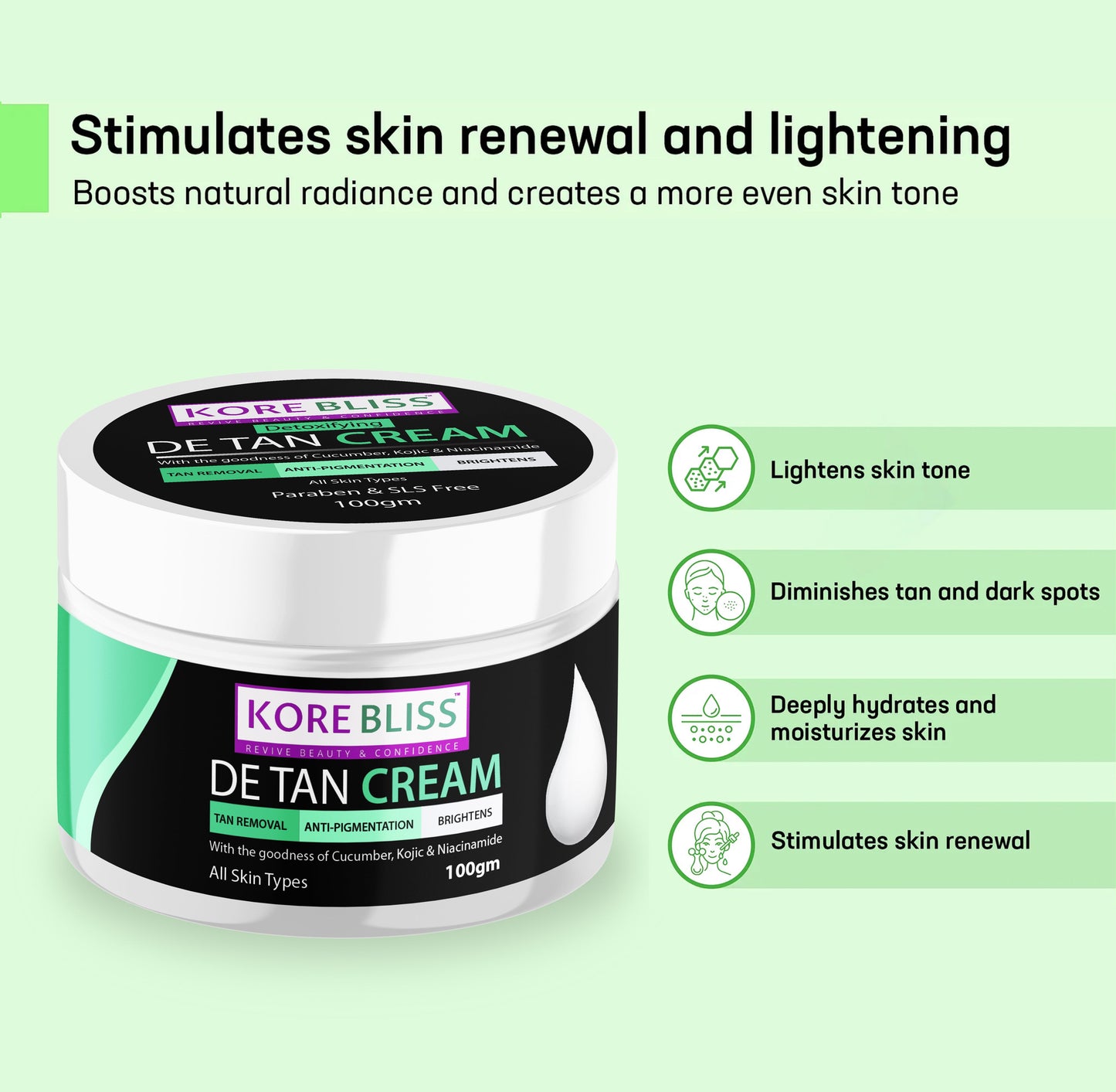 Kore Bliss De-Tan Cream with Cucumber, Kojic Acid & Niacinamide- 100g