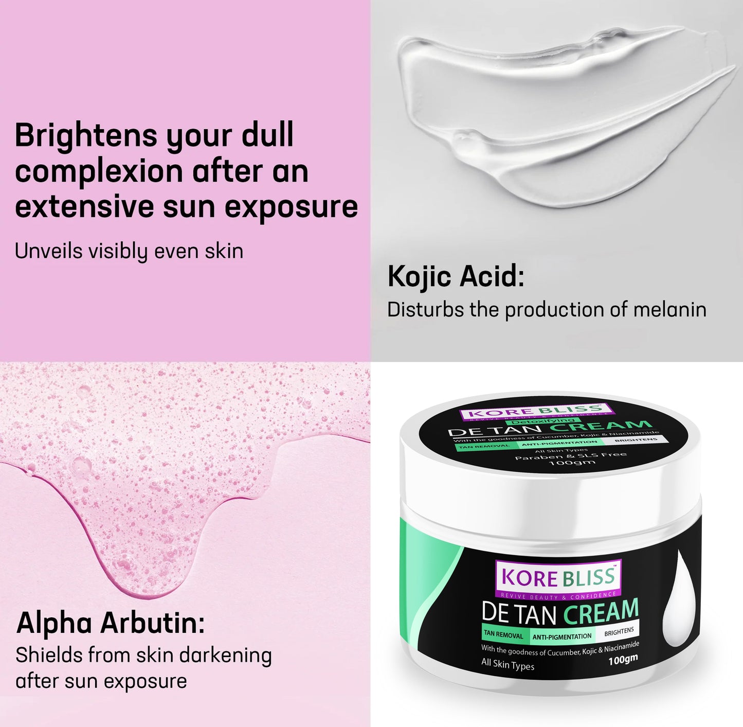 Kore Bliss De-Tan Cream with Cucumber, Kojic Acid & Niacinamide- 100g
