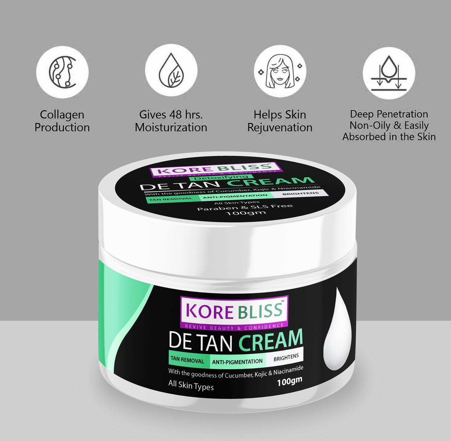 Kore Bliss De-Tan Cream with Cucumber, Kojic Acid & Niacinamide- 100g